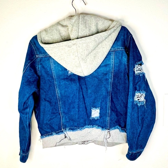 Thrill Jeans Chic Distressed Contrast Hooded Denim Jacket Pockets Size Medium - Picture 6 of 8